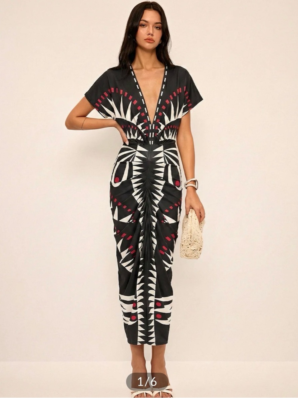 Geometric Print Deep V-Neck Midi Dress black size small